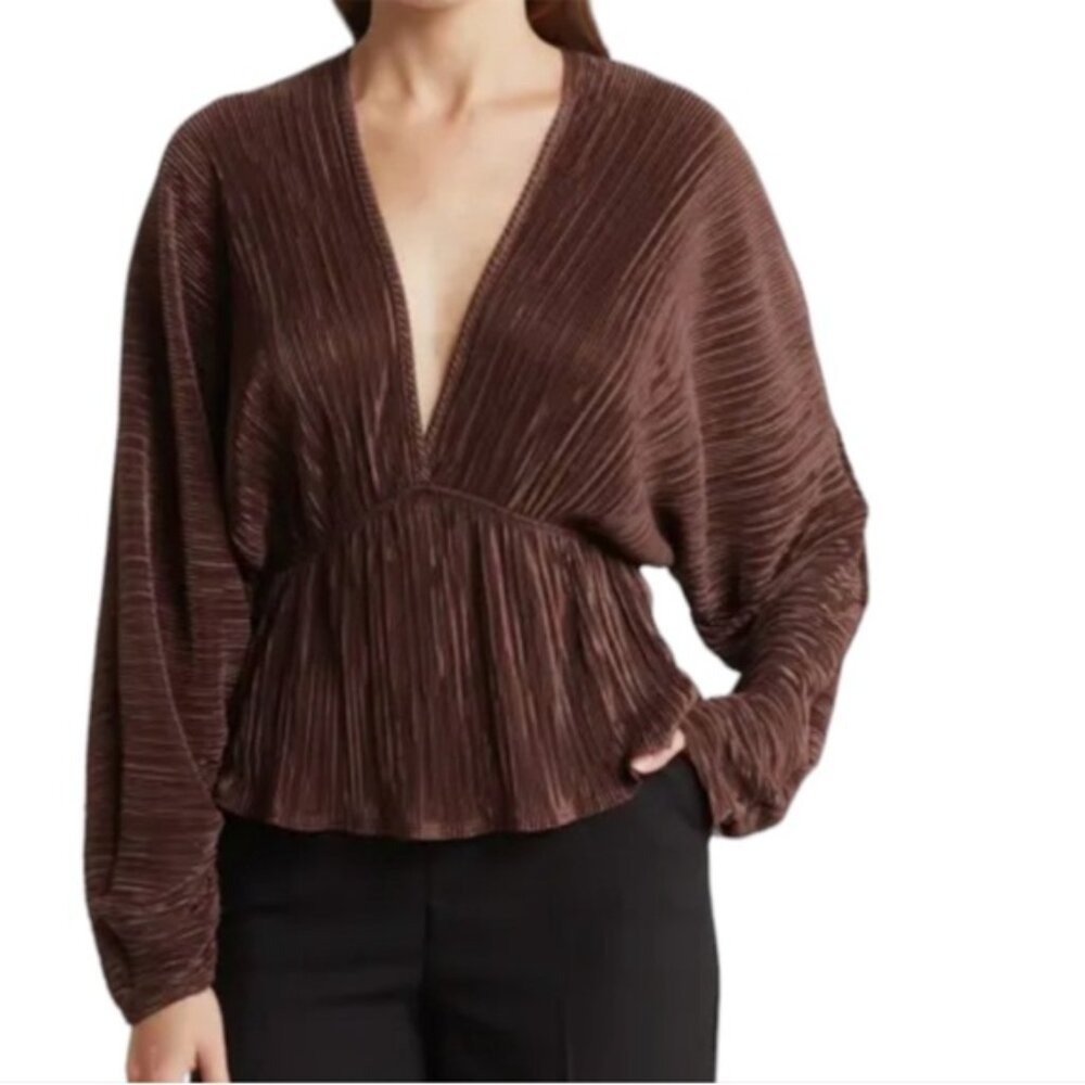 Abercrombie & Fitch Brown Pleated Long-Sleeved Top Medium